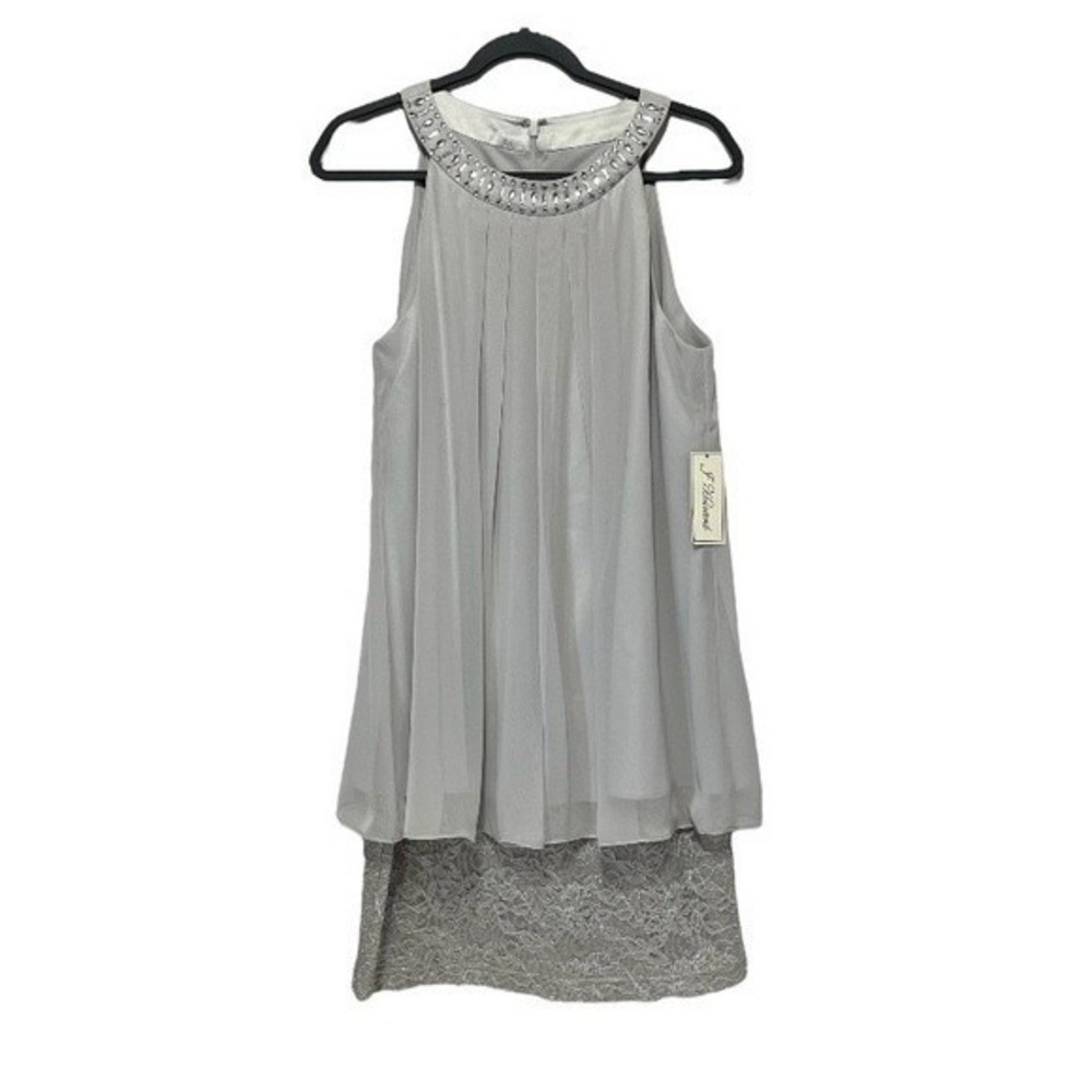 J Howard Silver Chiffon Lace Rhinestone Halter Cocktail Dress BK7M0299 Size 12